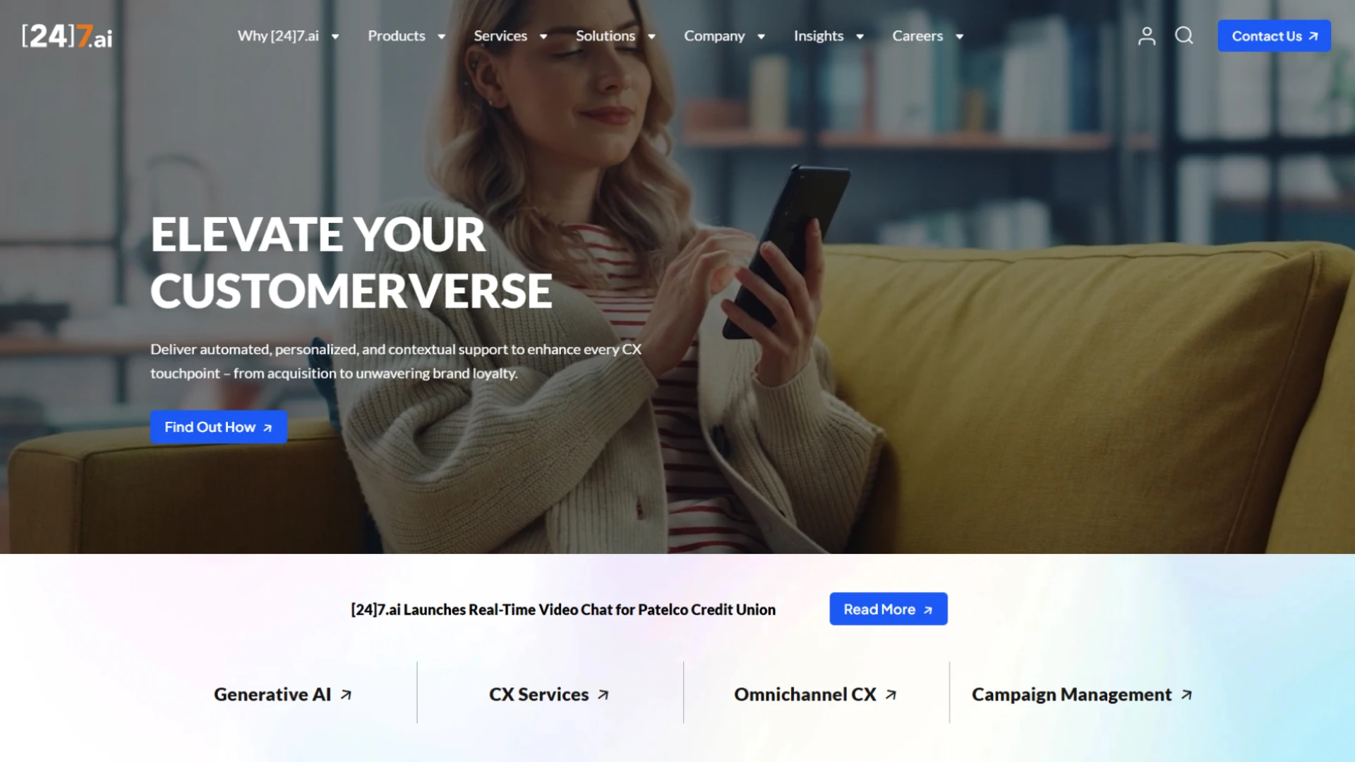 24[7].ai website homepage, featuring the tagline 'Elevate Your Customerverse' and a woman on a couch using a phone