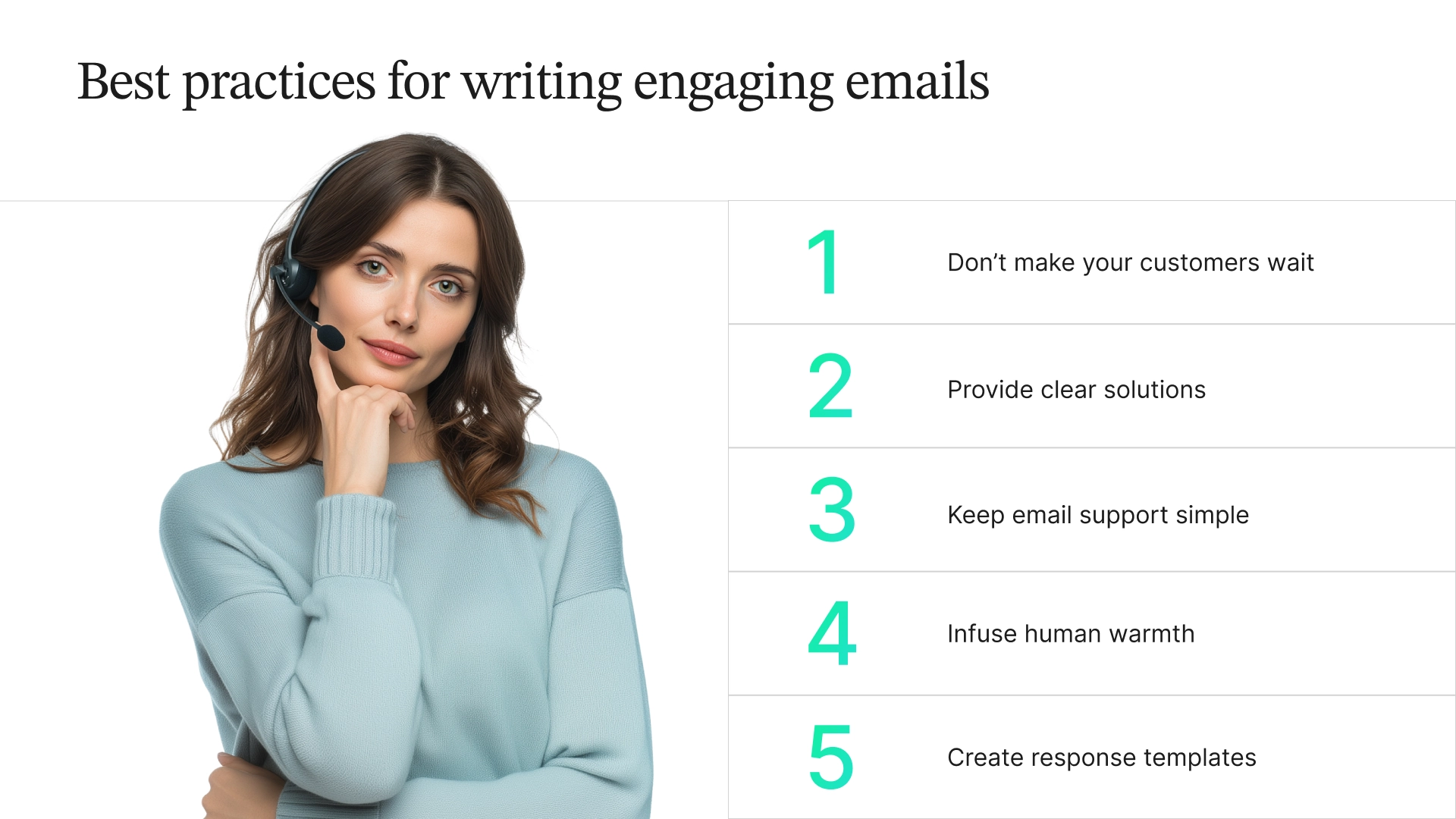 Best practices for writing engaging emails: don't make your customers wait, provide clear solutions, keep email support simple, infuse human warmth, create response templates.