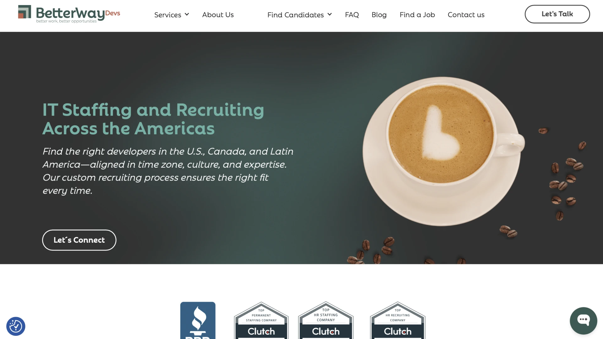 Betterway Devs website homepage with the tagline 'IT Staffing and Recruiting Across the Americas,' showcasing their services and a stylized image of coffee beans and latte art.