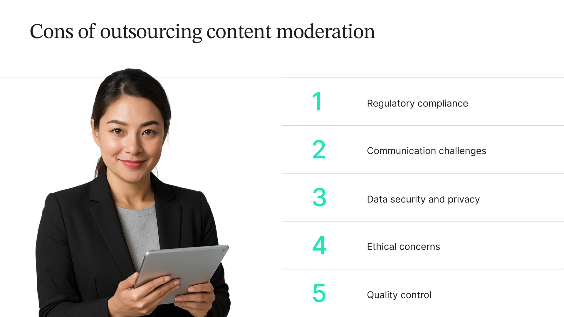 The five common challenges to consider when outsourcing content moderation, that are regulatory compliance, communication, data security, ethical concerns, and quality control.