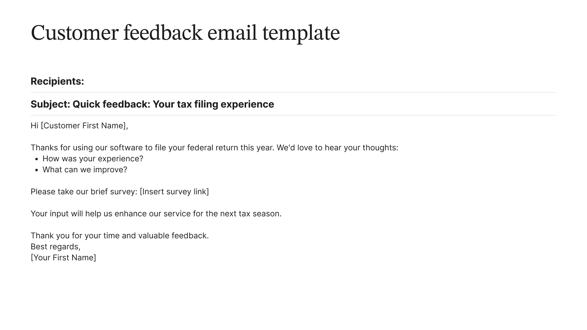 Example of a customer feedback email template.