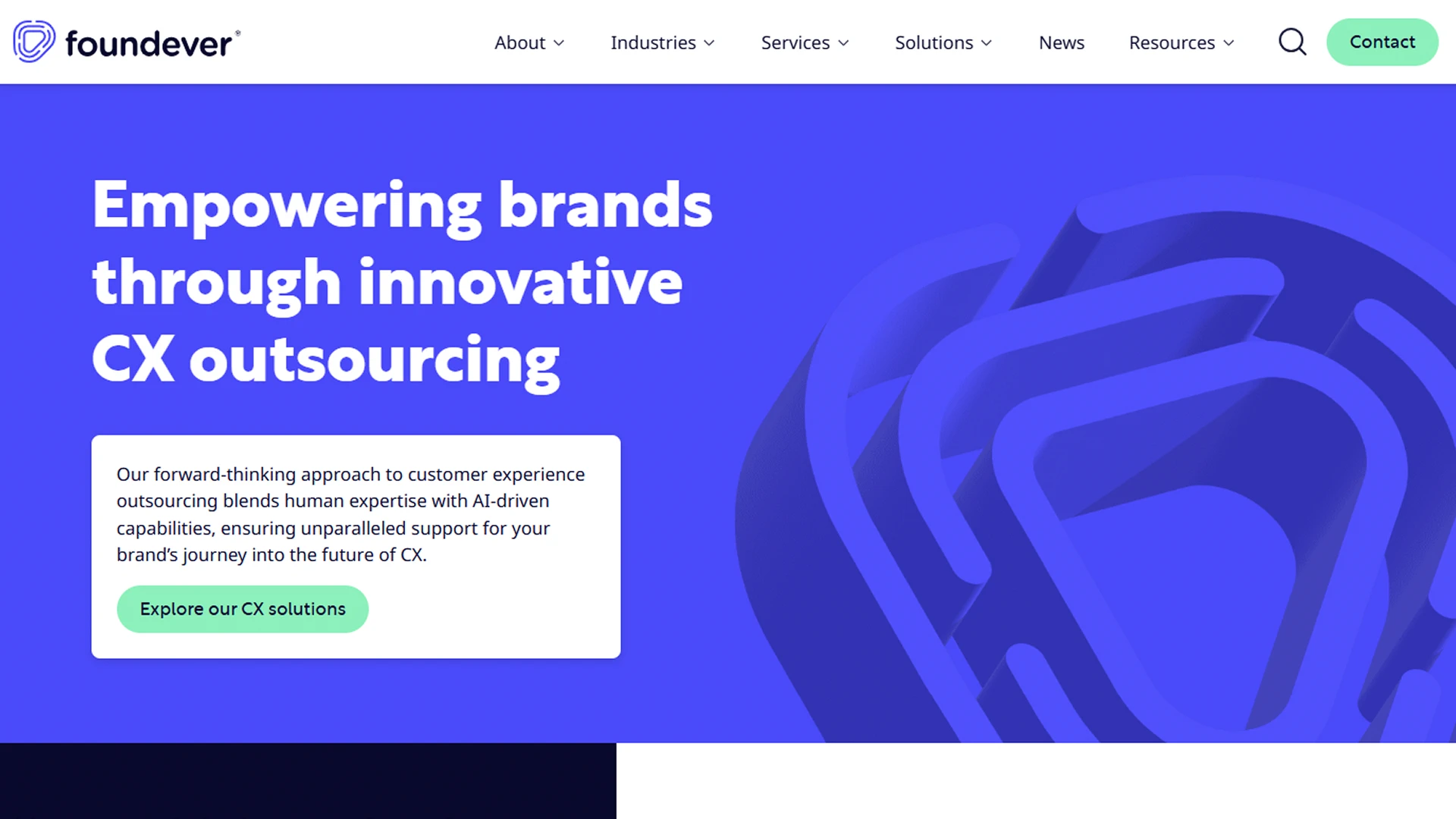 Foundever website homepage with the tagline 'Empowering brands through innovative CX outsourcing,' presented against a blue background with an abstract maze design.