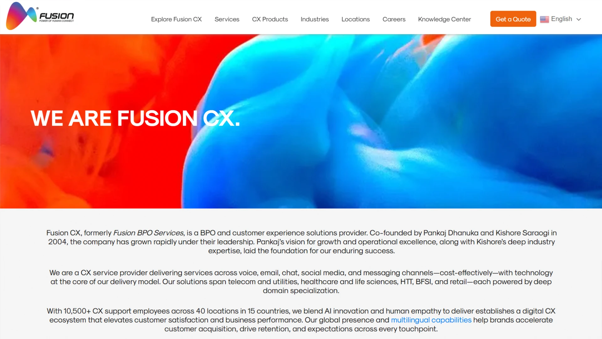 Fusion CX website homepage with a vibrant orange and blue abstract background and the tagline 'We Are Fusion CX'.