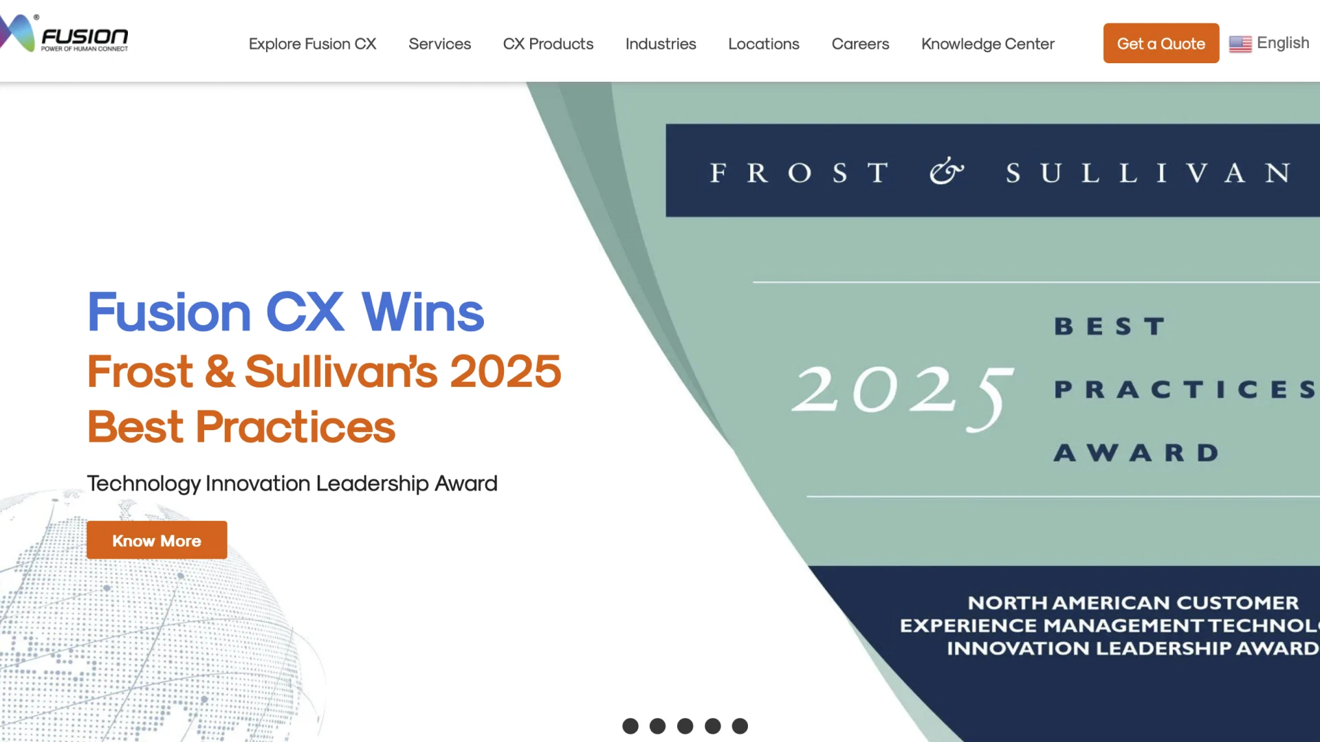 Fusion CX website homepage showcasing their achievement: Fusion CX Wins Frost & Sullivan's 2025 Best Practices Award for North American Customer Experience Management Technology Innovation Leadership. Image includes the Frost & Sullivan logo, the award name prominently displayed, and a 'Know More' call to action button.