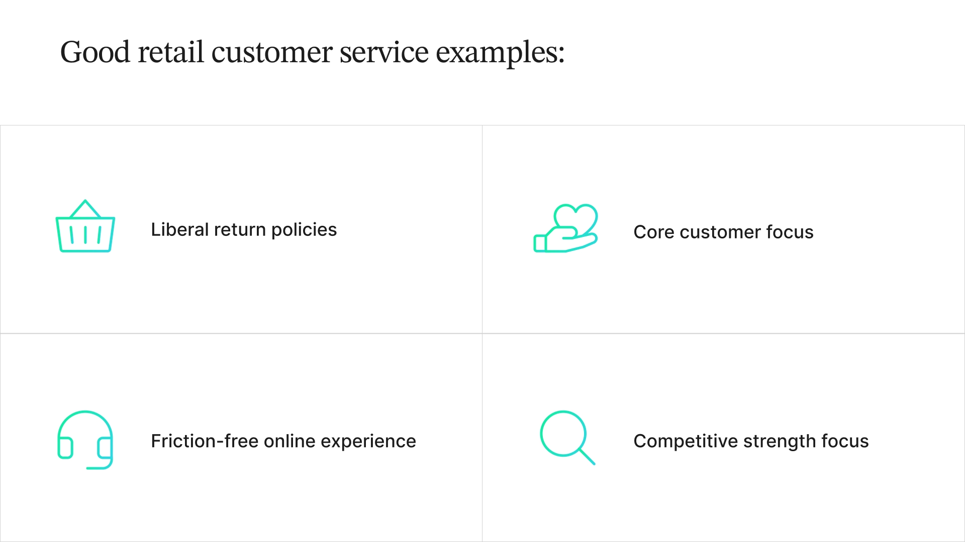Infographic outlining good retail customer service: liberal return policies, a core customer focus, frictionless online experience, and being competitive.