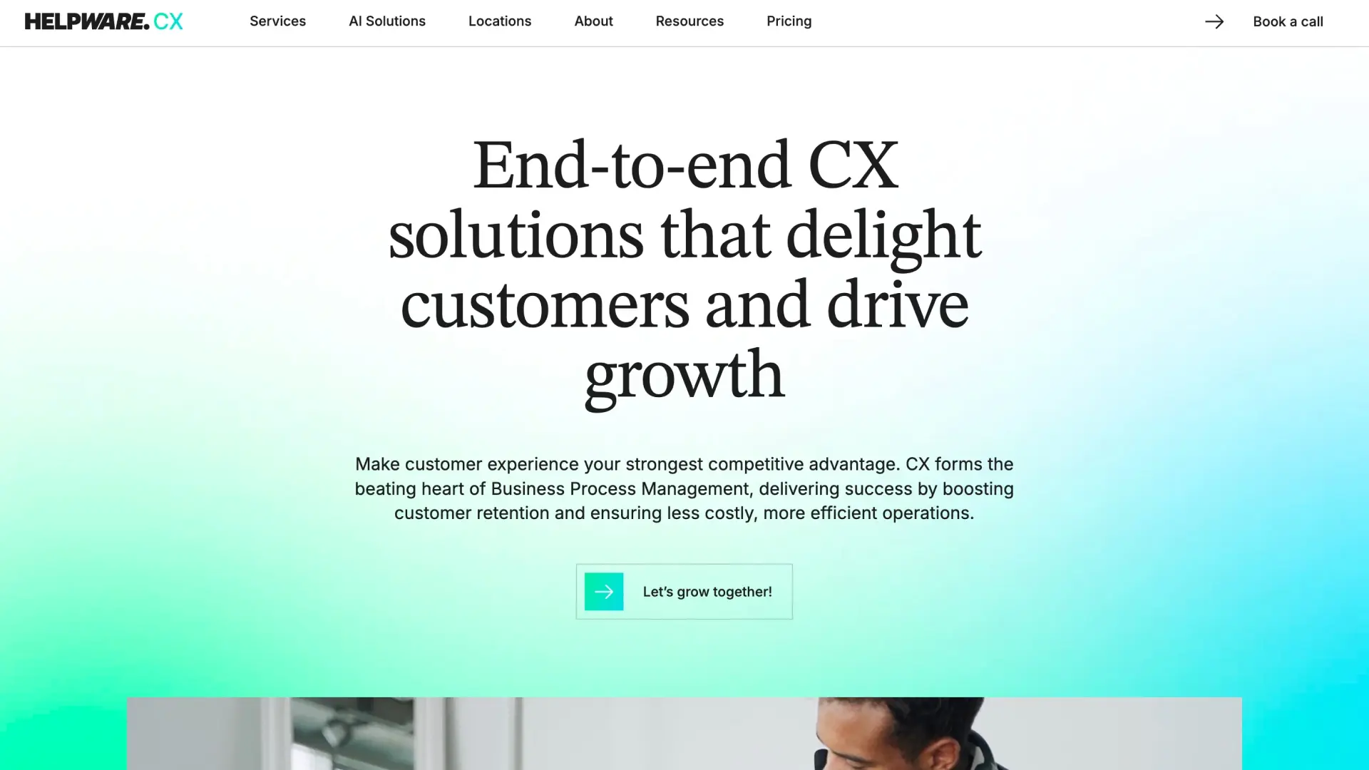 Helpware.CX website homepage, featuring the tagline 'End-to-end CX solutions that delight customers and drive growth'.