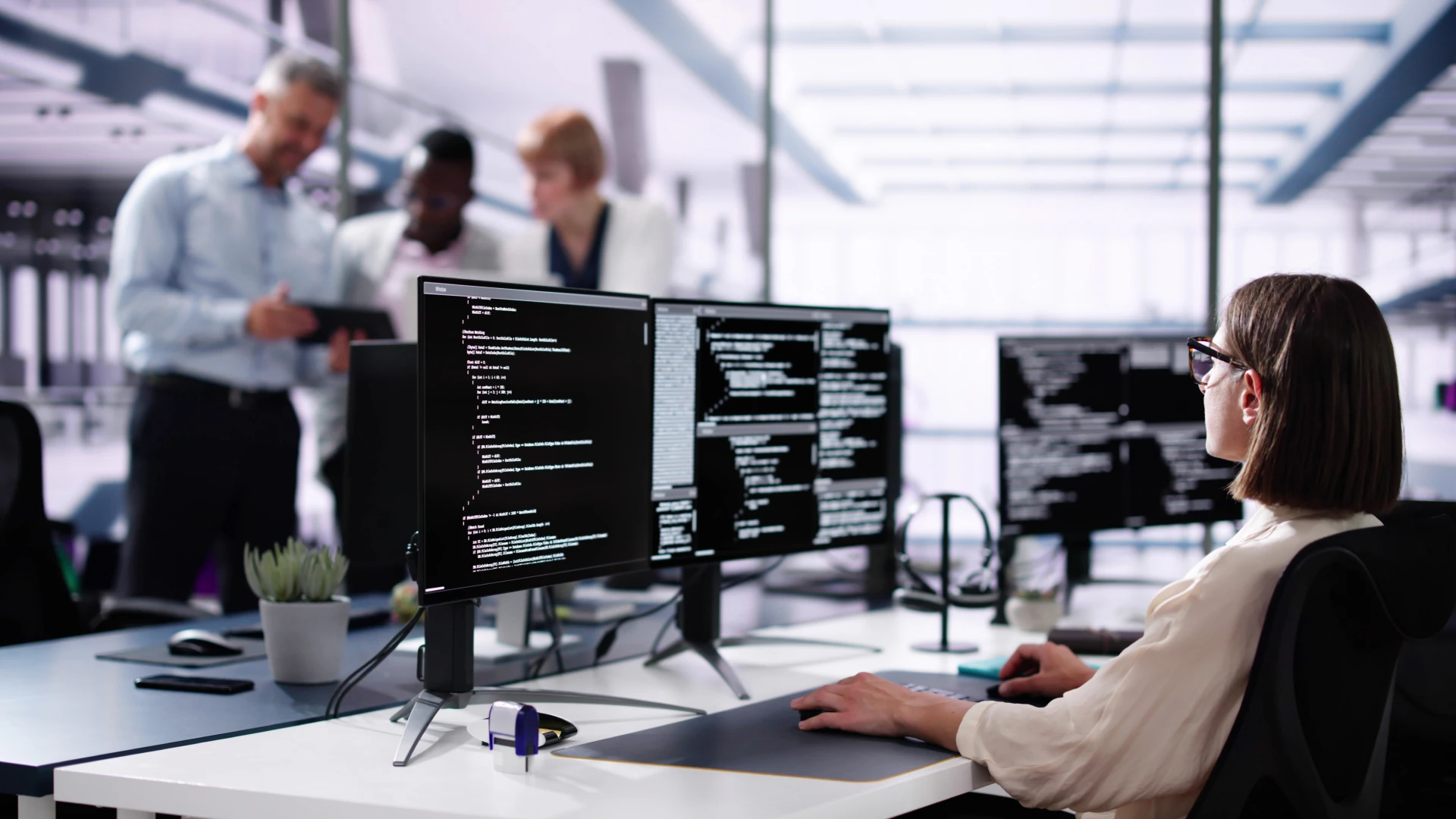 Technical support representative is working at a desk with multiple monitors in a modern office, with colleagues having a discussion in the background.