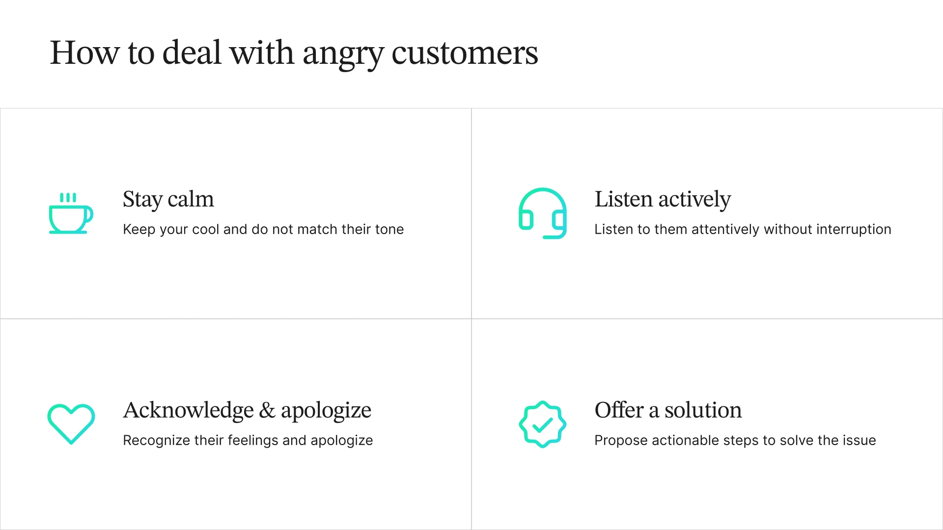 Steps for dealing with angry customers: Stay calm, listen actively, acknowledge & apologize, and offer a solution.