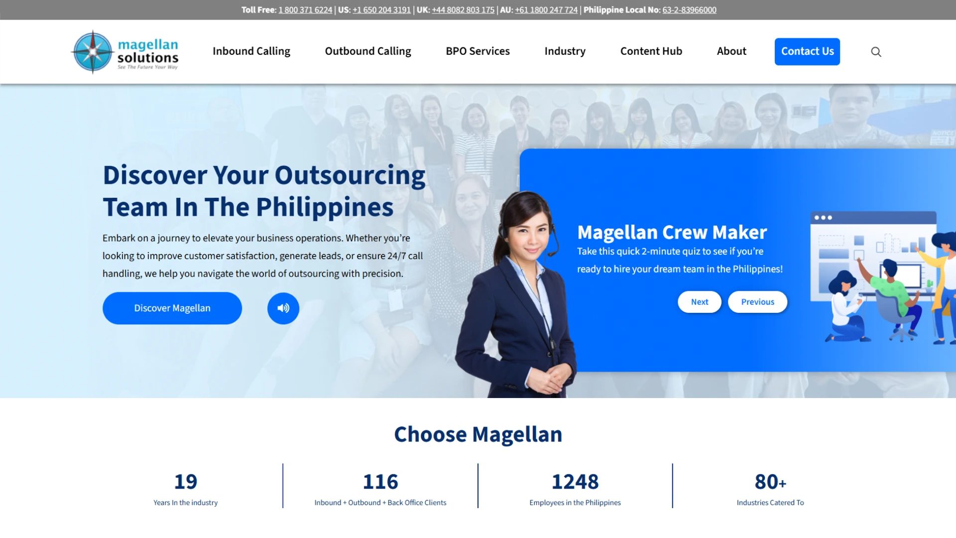 Magellan Solutions website homepage, featuring a friendly agent wearing a headset and the tagline 'Discover Your Outsourcing Team In The Philippines'.