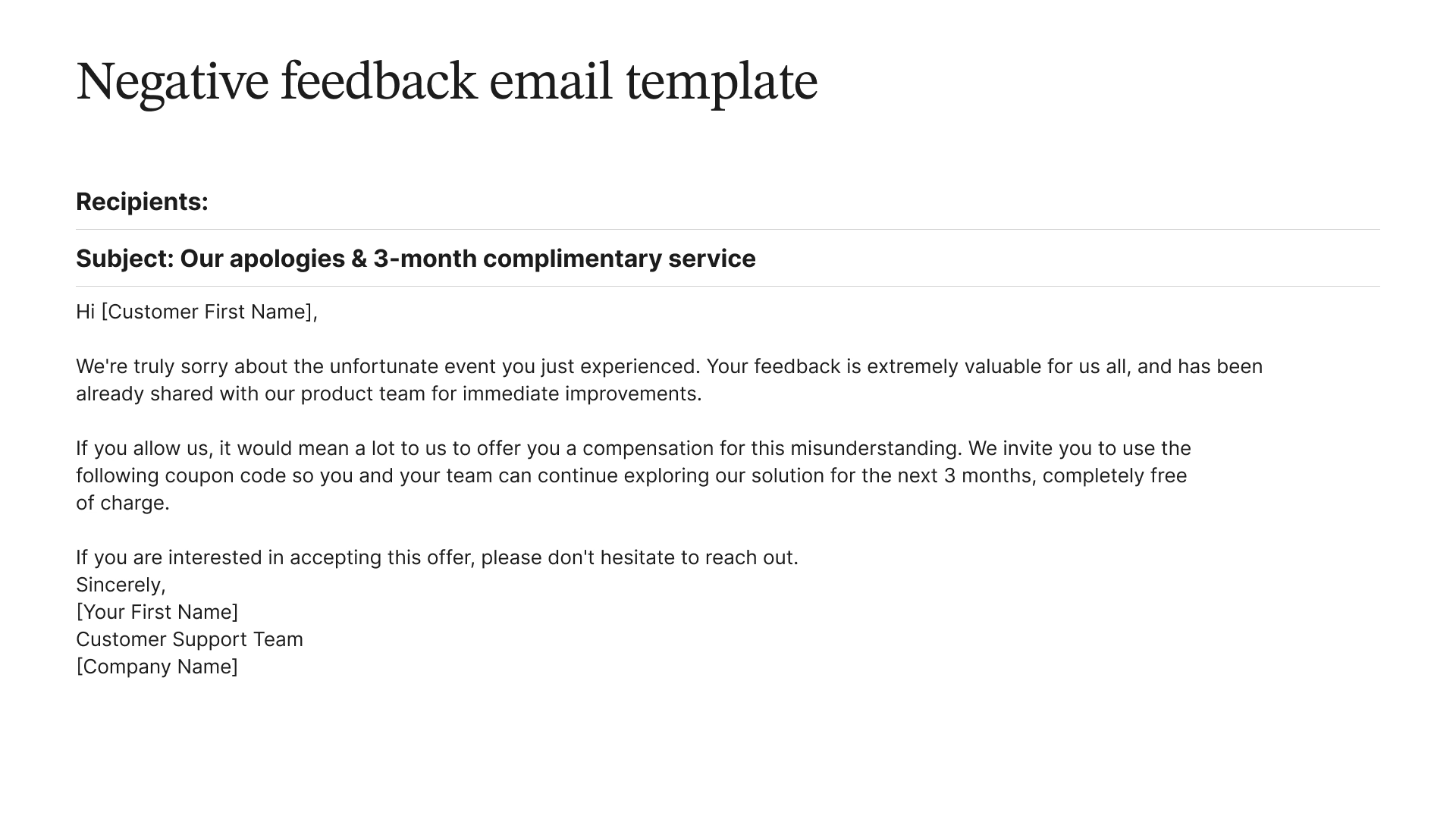 Example of a negative feedback email template.