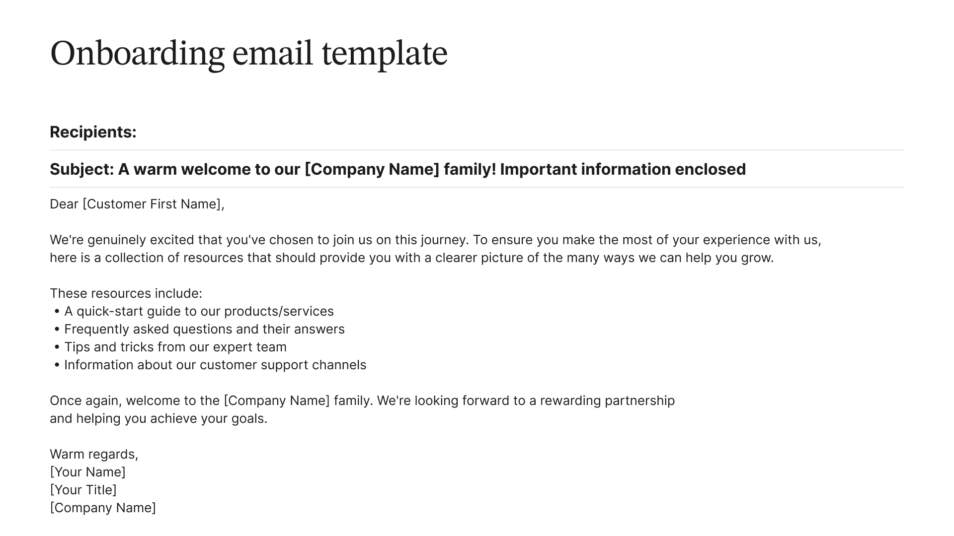 Example of an onboarding email template.