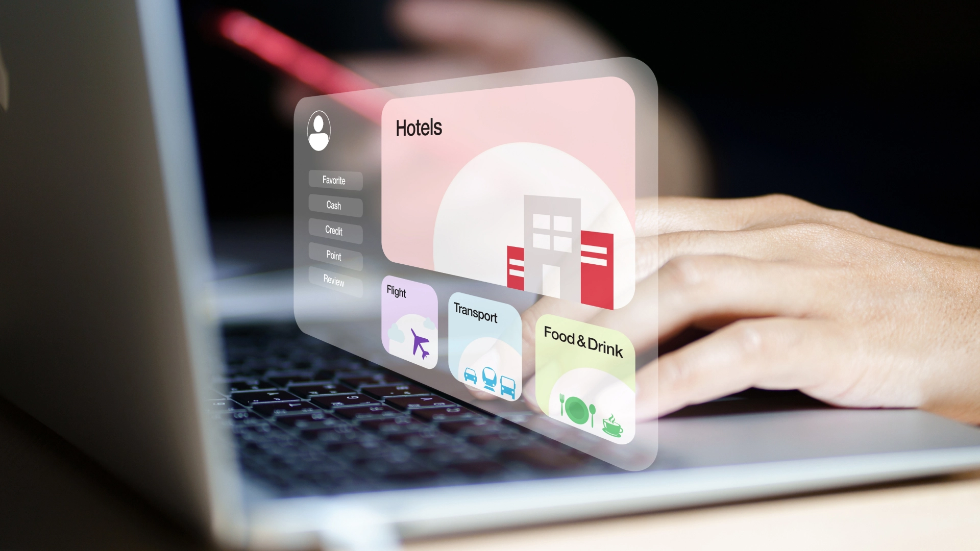 Close-up of hands typing on a laptop with a transparent screen overlay showing icons for Hotels, Flights, Transport, and Food & Drink.