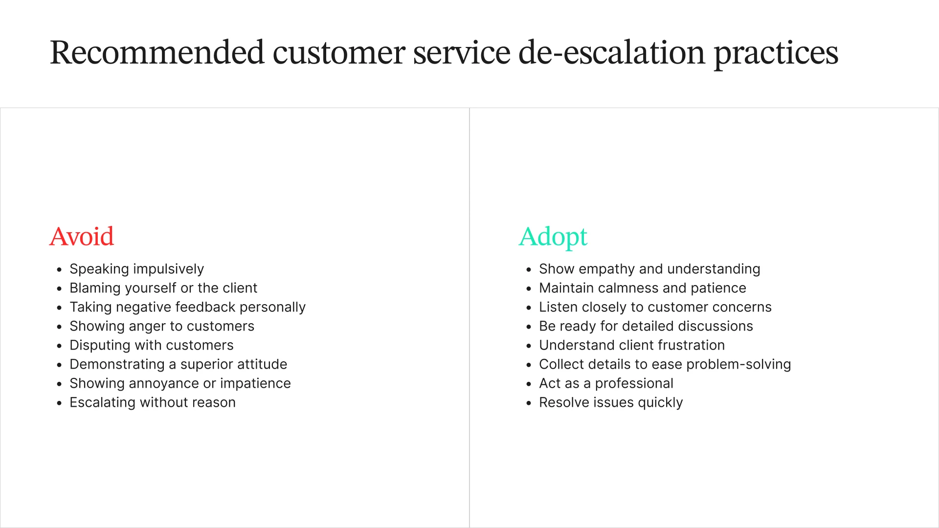 List of recommended customer service de-escalation practices, divided into actions to avoid and actions to adopt.