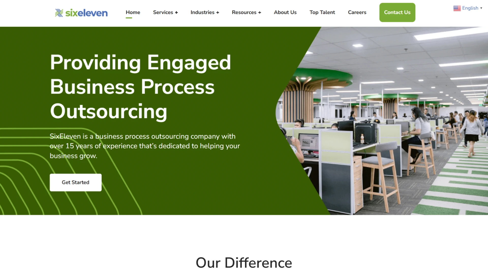 SixEleven website homepage, showing an open-plan office and the text 'Providing Engaged Business Process Outsourcing.'