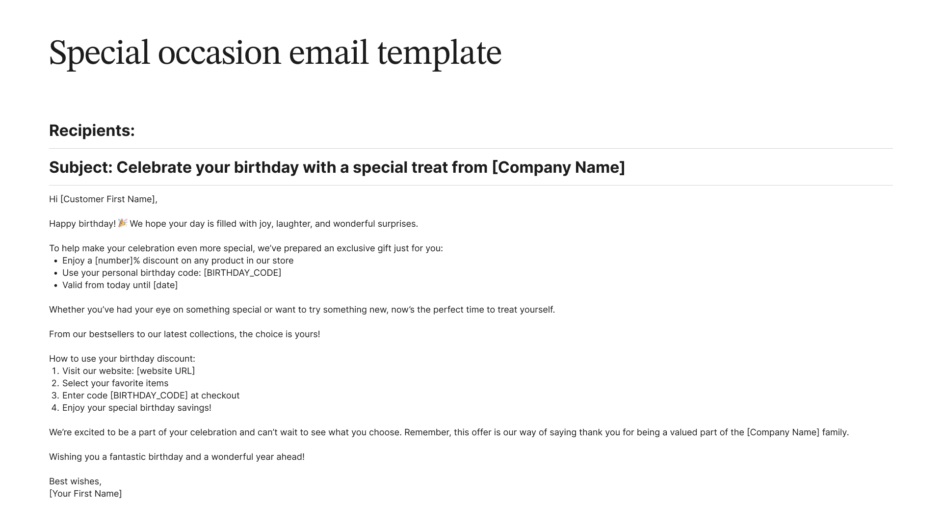 Example of a special occasion email template.