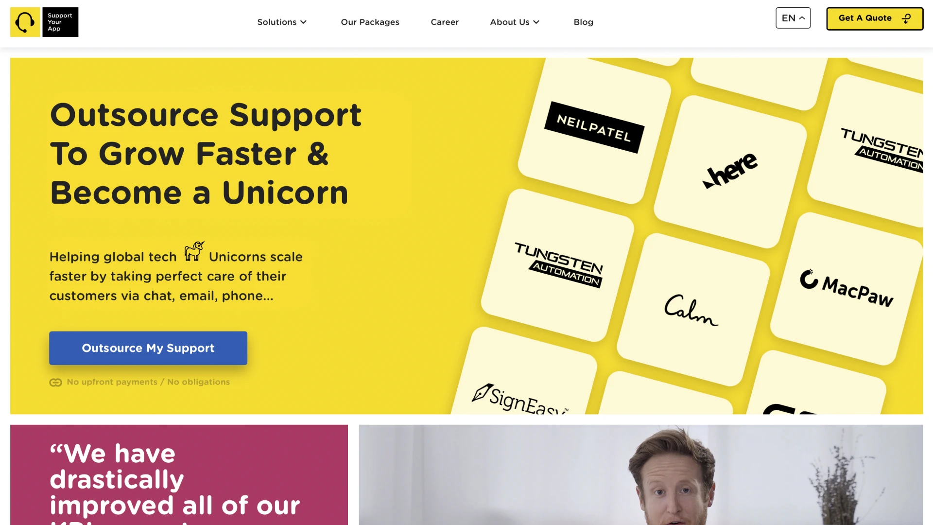 SupportYourApp's homepage, with the headline 'Outsource Support to Grow Faster & Become a Unicorn'. It highlights helping global tech unicorns and lists some client logos.