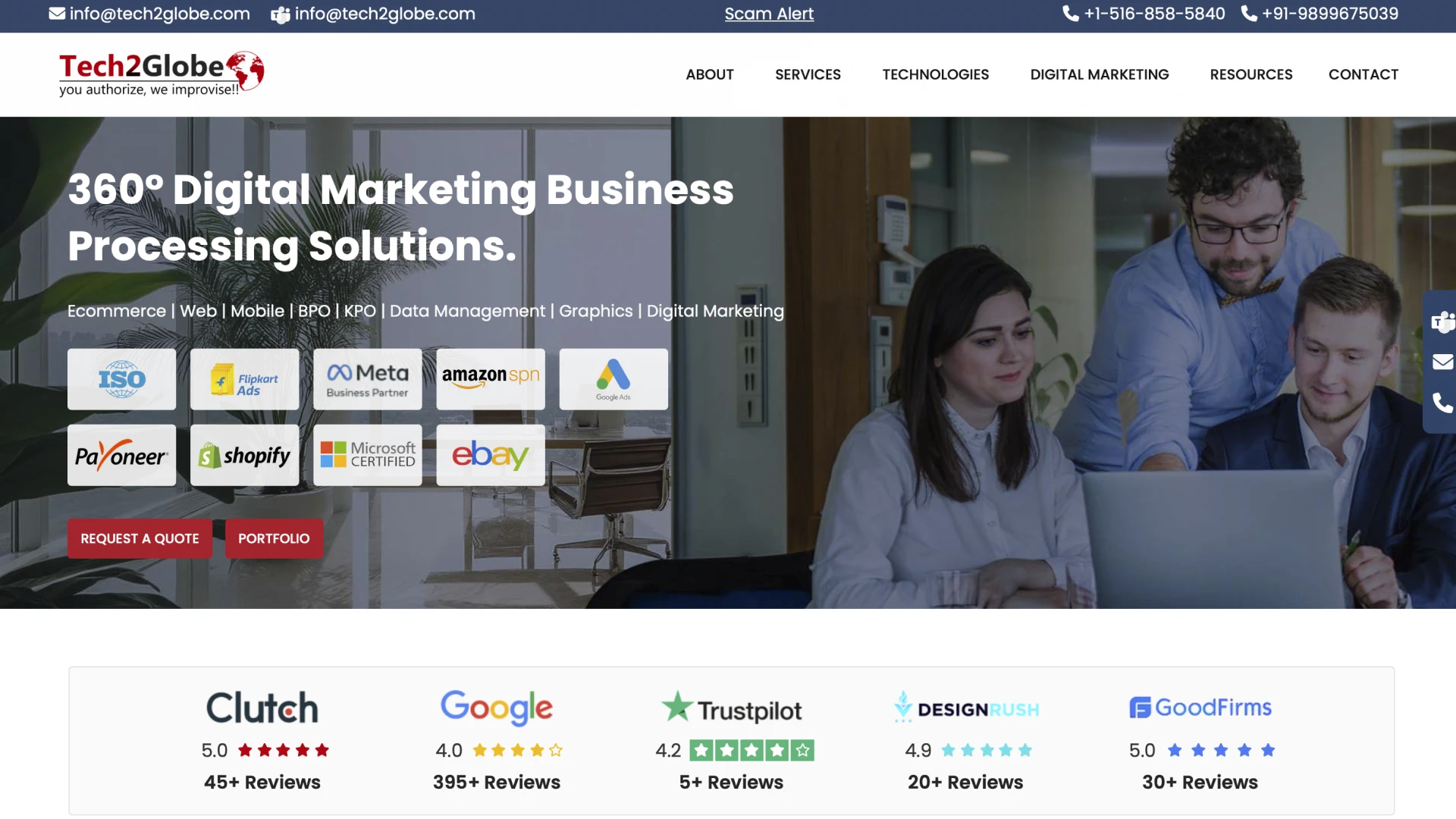 The homepage of the Tech2Globe website features the tagline '360 Digital Marketing Business Processing Solutions', a navigation menu, client logos, and two buttons: 'Request a Quote' and 'Portfolio'. In the background, an office setting shows three colleagues working together at a table with a laptop.