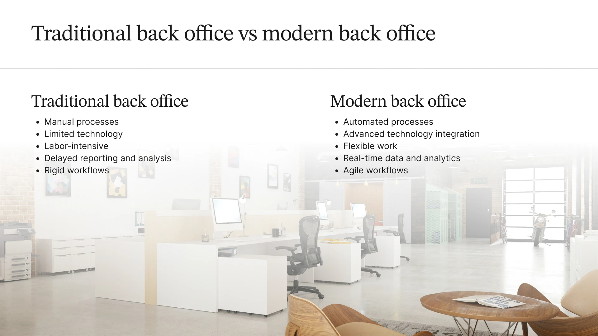Infographic contrasting traditional and modern back offices. Traditional offices feature manual processes, limited technology, and rigid workflows, while modern offices have automated processes, advanced technology, flexible work, and real-time data analysis. A blurred office space is in the background.