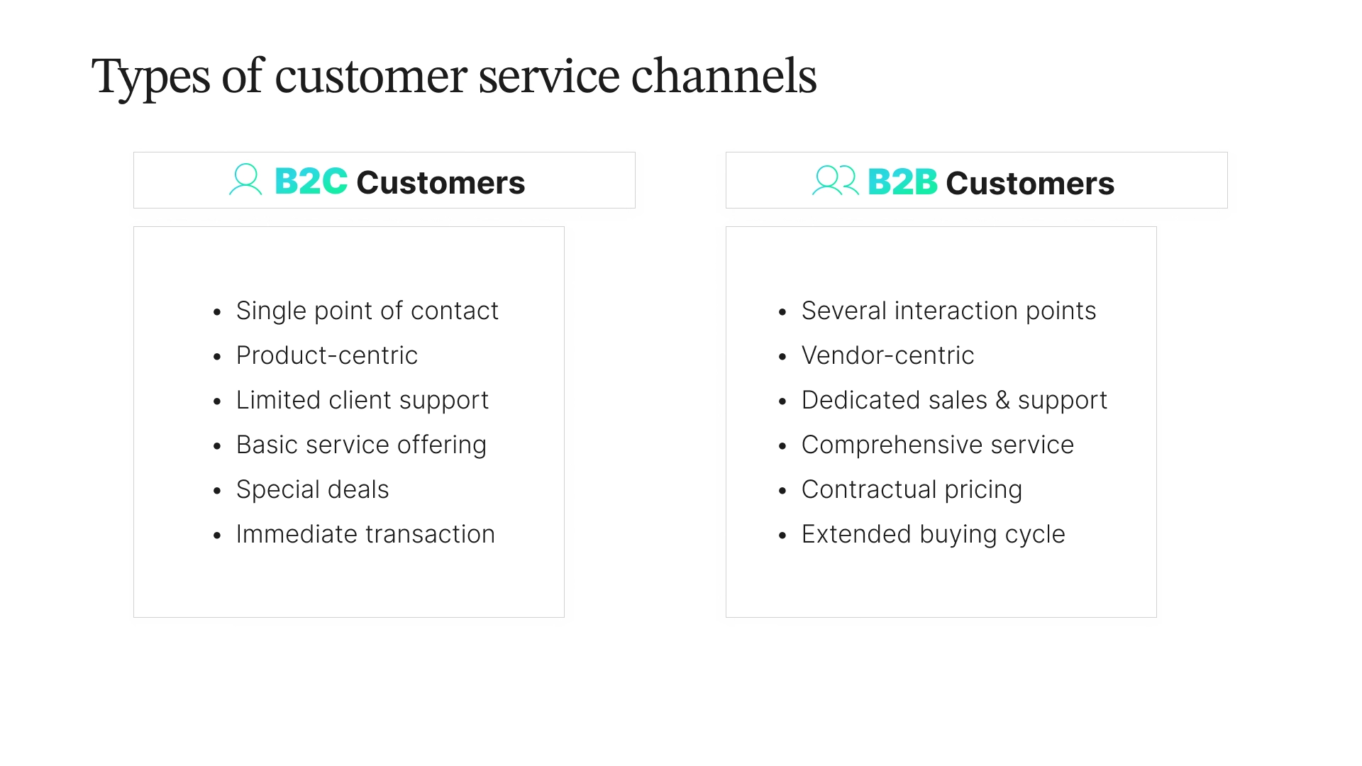 Infographic comparing types of customer service channels for B2C and B2B customers, including single point of contact vs. several interaction points, product-centric vs vendor-centric support, and other key differences.
