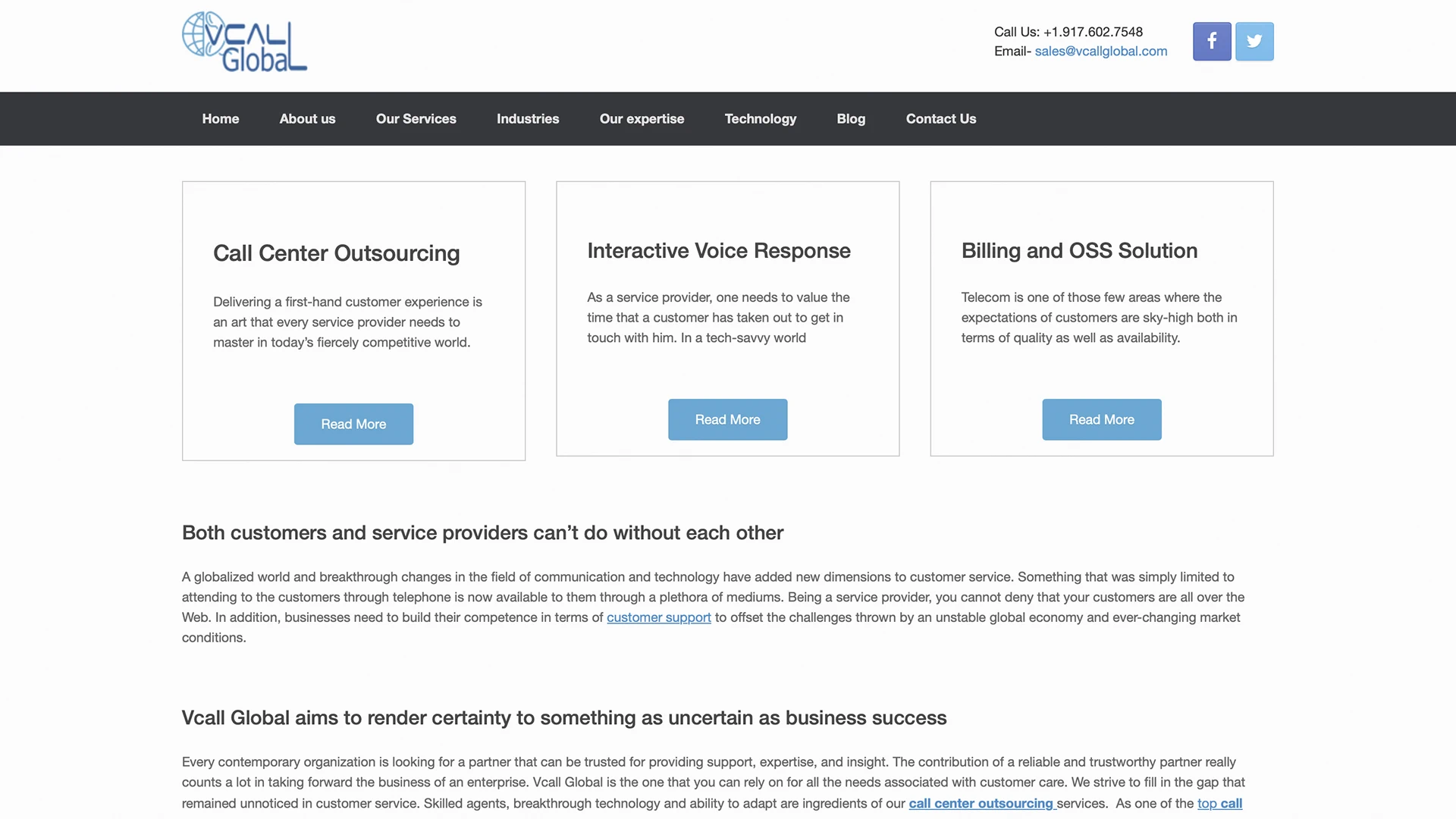 Homepage of VCALL Global website, showcasing services such as call center outsourcing, interactive voice response (IVR), and billing solutions.
