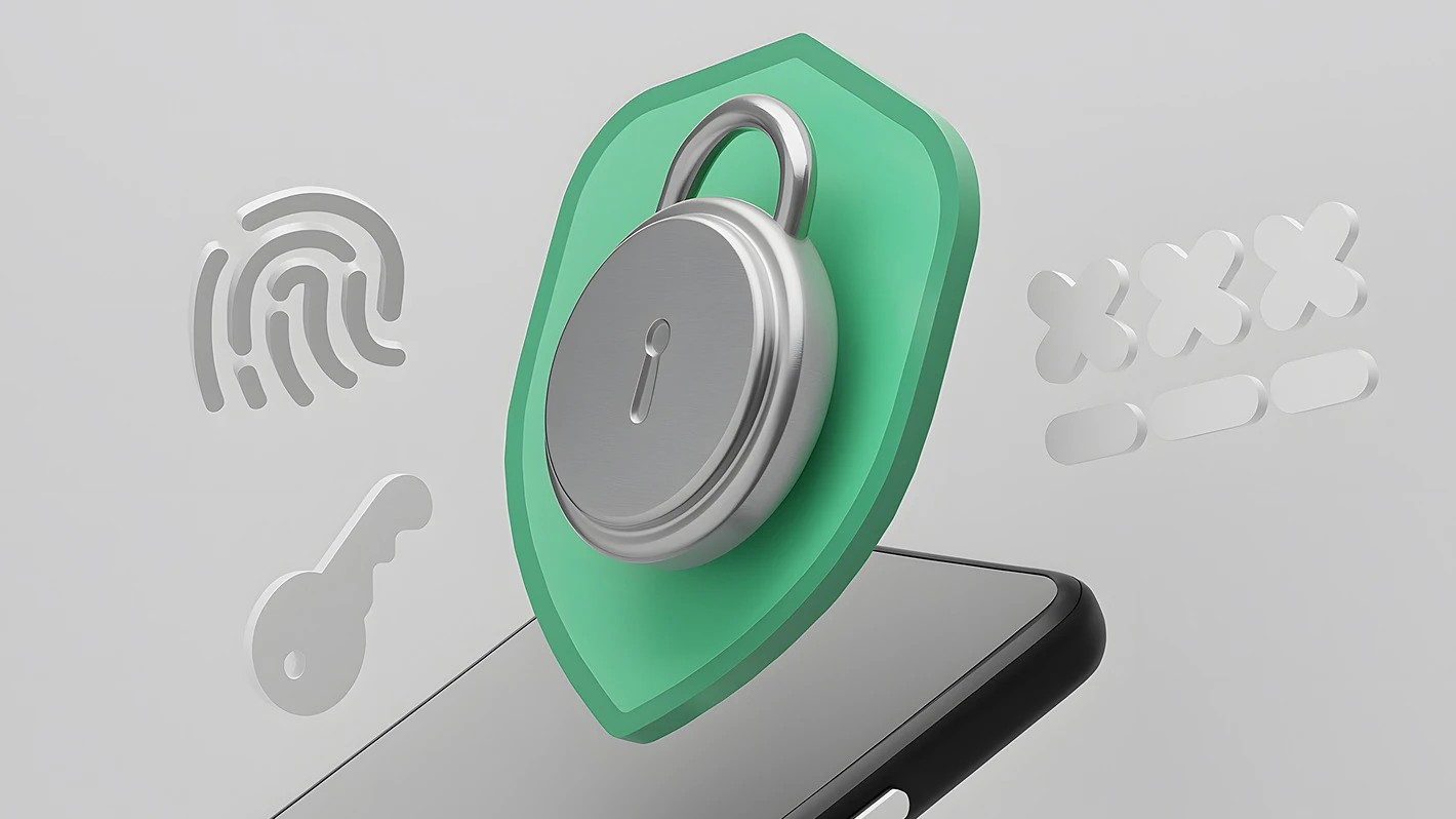 A green shield with a silver padlock is positioned over a smartphone. In the background are symbols for fingerprint scanning, a key, and a password
